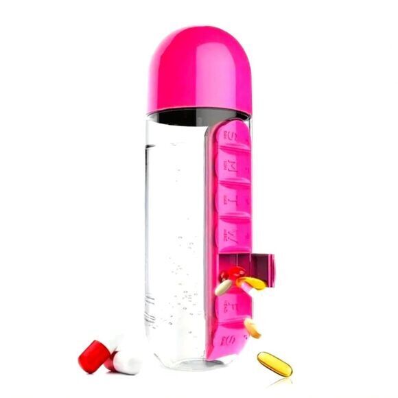 Portable Sports Water Medication Bottle Plastic 20oz with Built-in Pill Box Pink - Picture 3 of 8